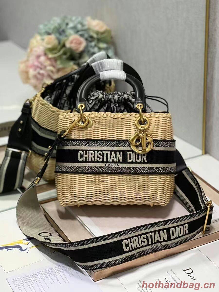 MEDIUM LADY DIOR BAG Natural Wicker and Blue Dior Oblique Jacquard M0565 MEDIUM LADY DIOR BAG Natural Wicker and Blue Dior Oblique Jacquard M0565