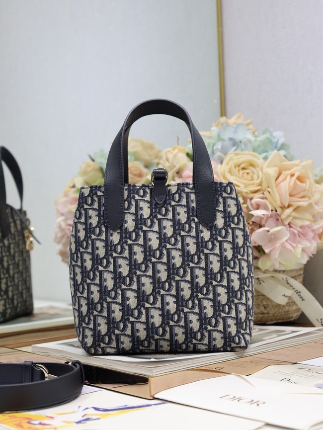 Small Dior Toujours Vertical Tote Bag Macrocannage Oblique Jacquard M2835P blue