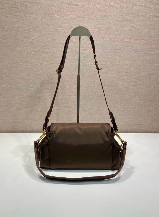 Prada Route medium leather tote bag Re-Nylon 1BD394 dark brown