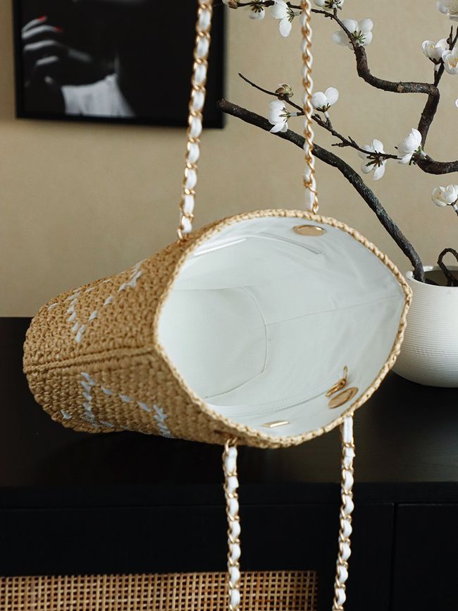 CHANEL Braided Straw Shoulder Bag AS5955 Apricot and white