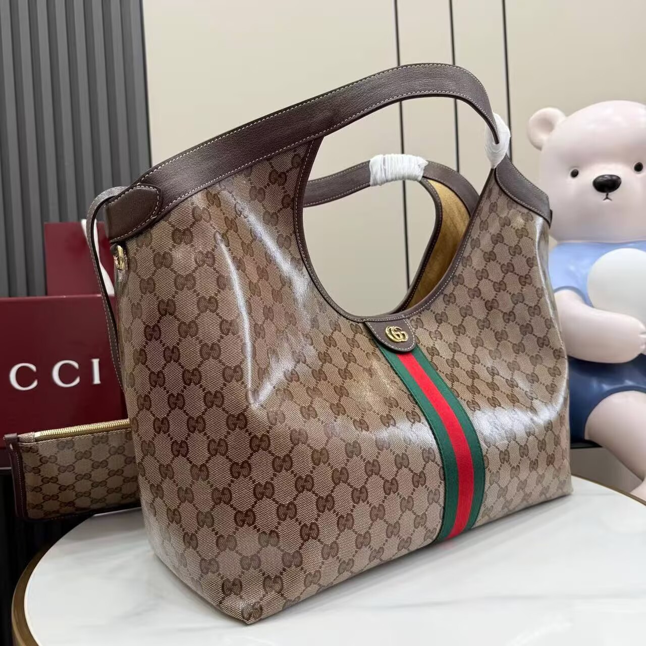 Gucci Giglio Large Canvas & Leather Tote GG Bag 53013 Brown