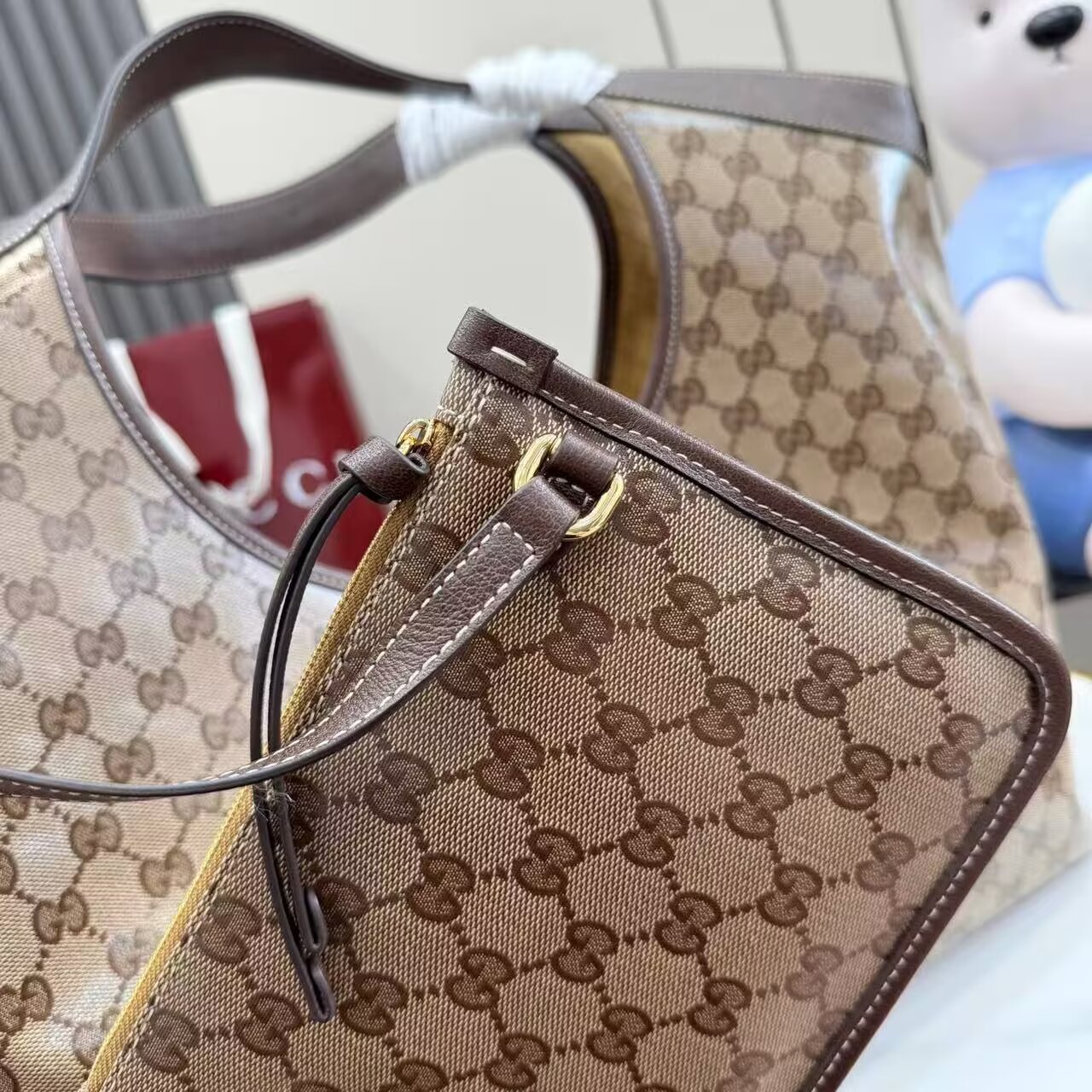 Gucci Giglio Large Canvas & Leather Tote GG Bag 53013 Brown