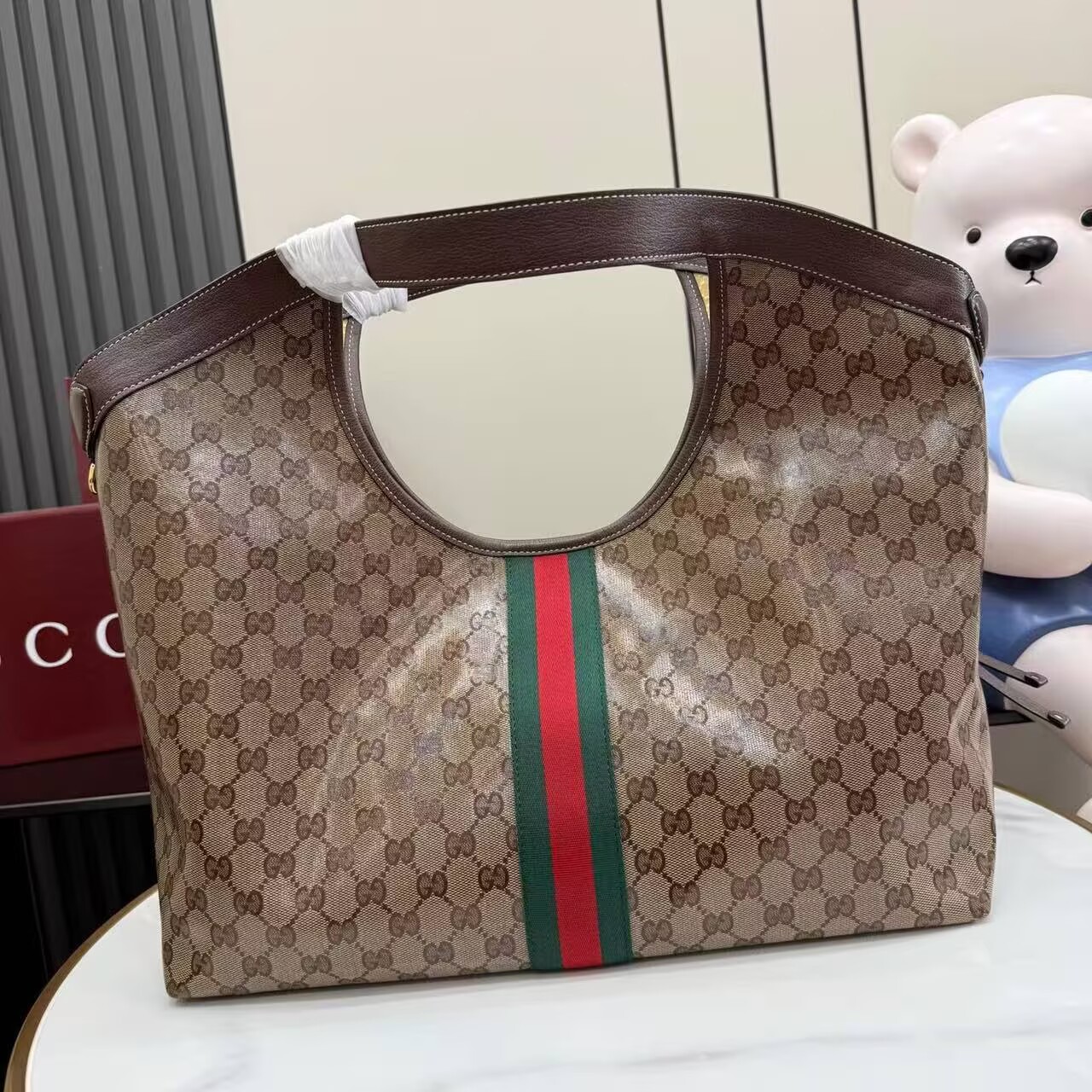 Gucci Giglio Large Canvas & Leather Tote GG Bag 53013 Brown