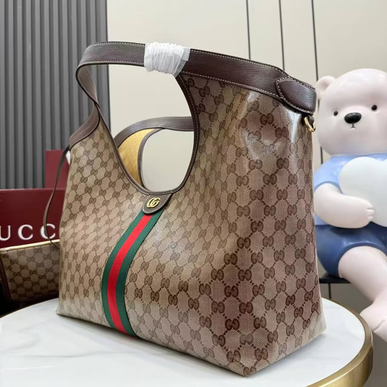 Gucci Giglio Large Canvas & Leather Tote GG Bag 53013 Brown